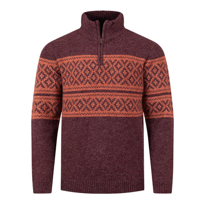 Mulled Wine - Front - Weird Fish Mens Kilnworth Fair Isle Quarter Zip Sweatshirt