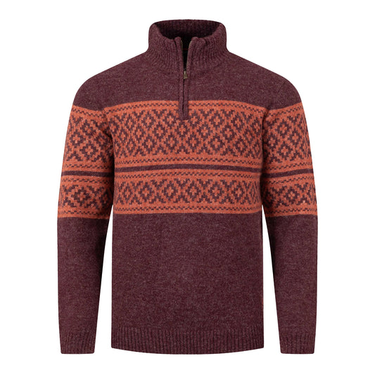 Mulled Wine - Front - Weird Fish Mens Kilnworth Fair Isle Quarter Zip Sweatshirt