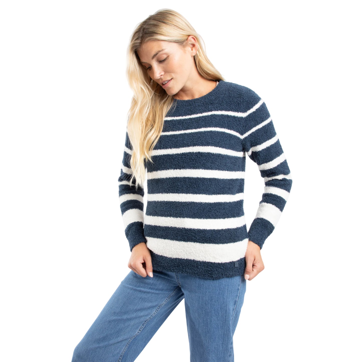 Navy - Side - Weird Fish Womens-Ladies Wanda Stripe Knitted Sweatshirt