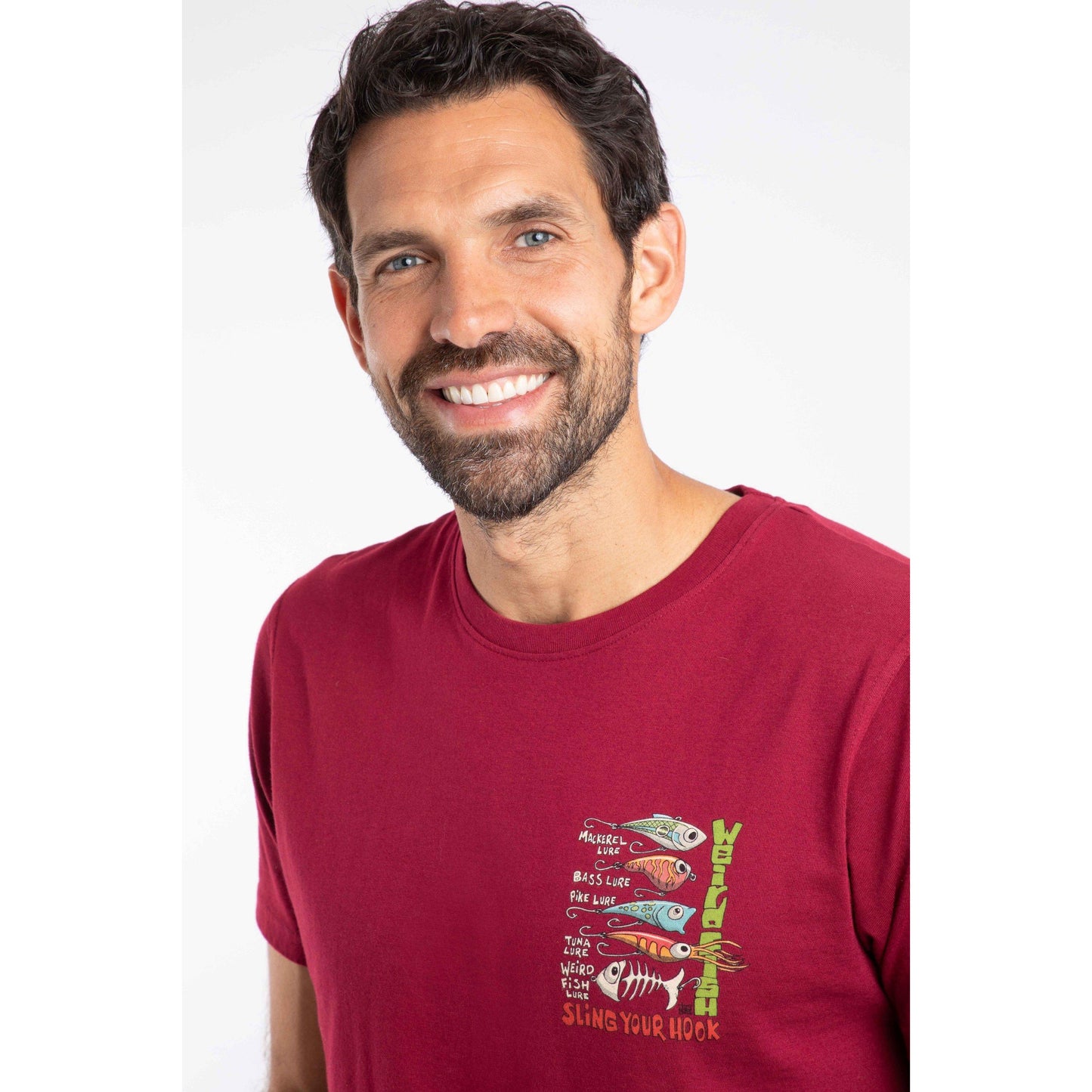 Garnet Red - Side - Weird Fish Mens Sling Your Hook Back Print T-Shirt