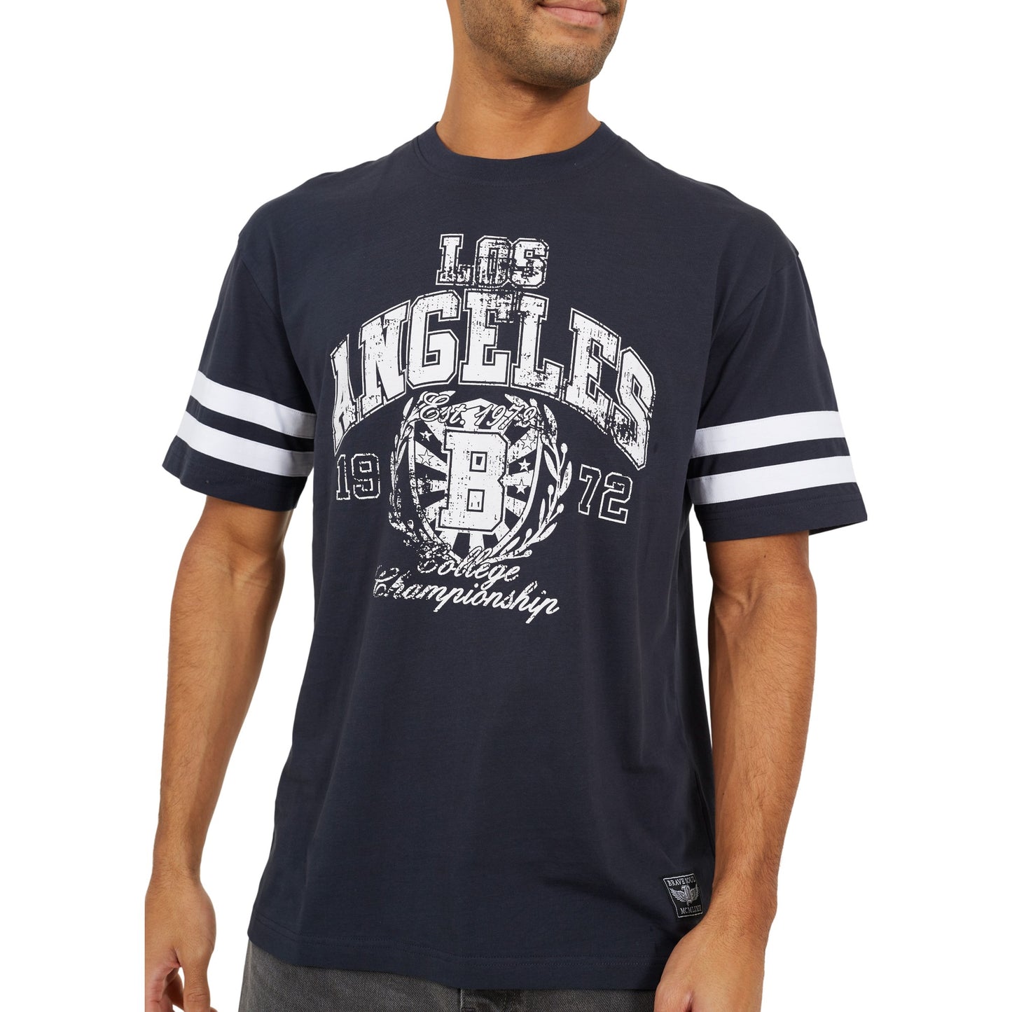 Navy - Side - Brave Soul Mens Crew Neck Relaxed Fit T-Shirt