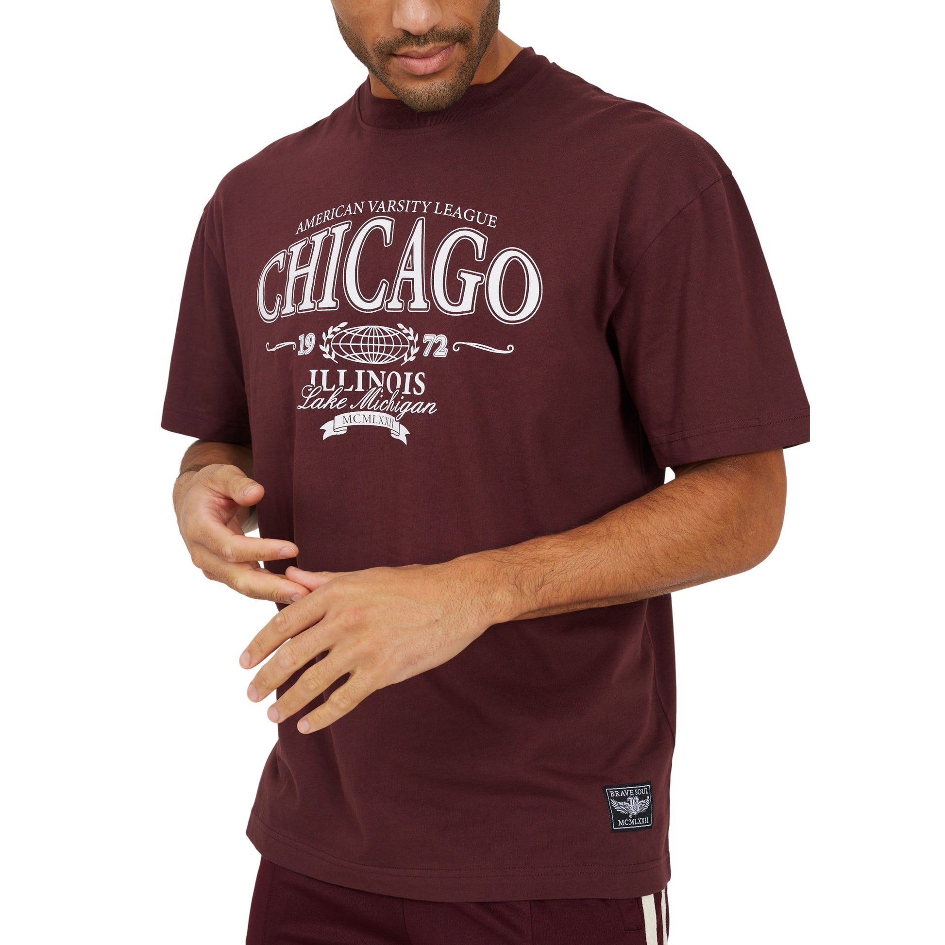 Burgundy - Side - Brave Soul Mens Crew Neck Relaxed Fit T-Shirt