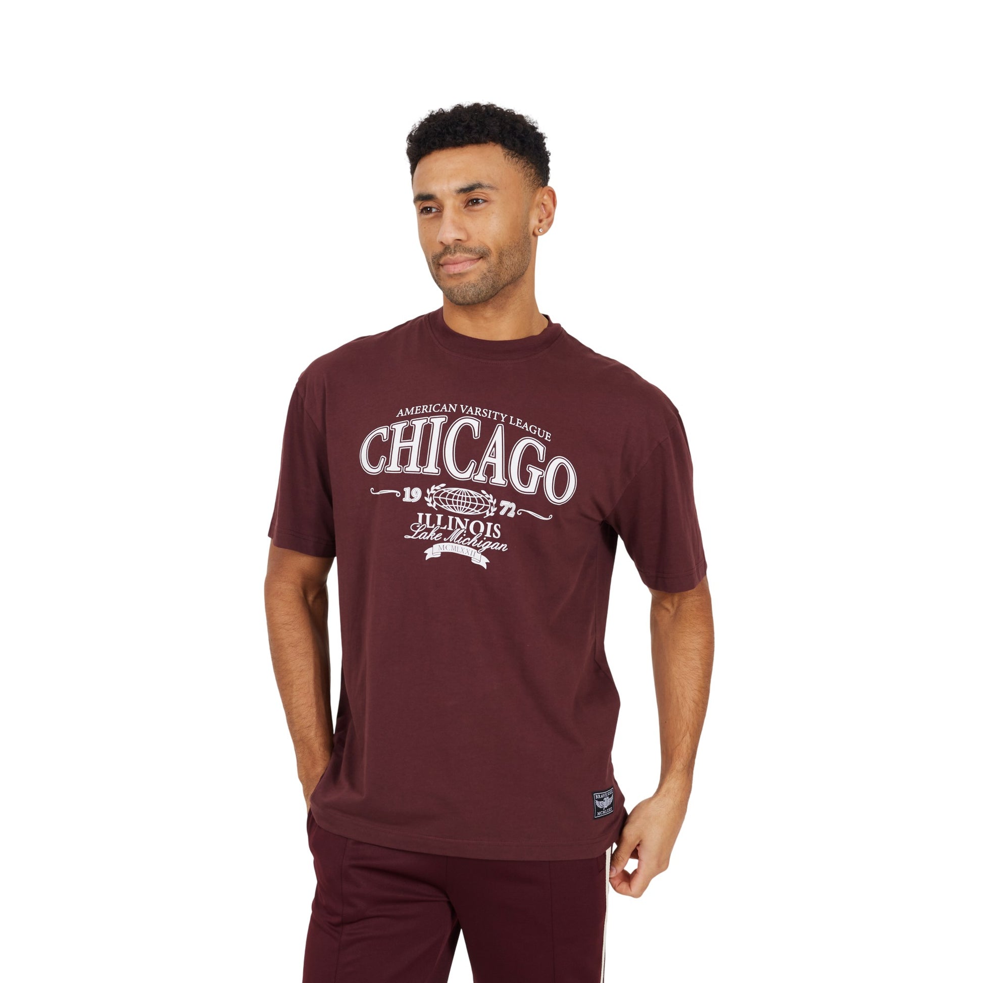 Burgundy - Front - Brave Soul Mens Crew Neck Relaxed Fit T-Shirt