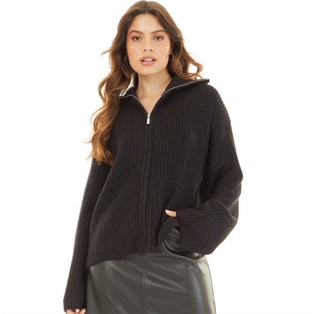 Black - Front - Brave Soul Womens-Ladies Fisherman Knitted Zip Detail Jacket
