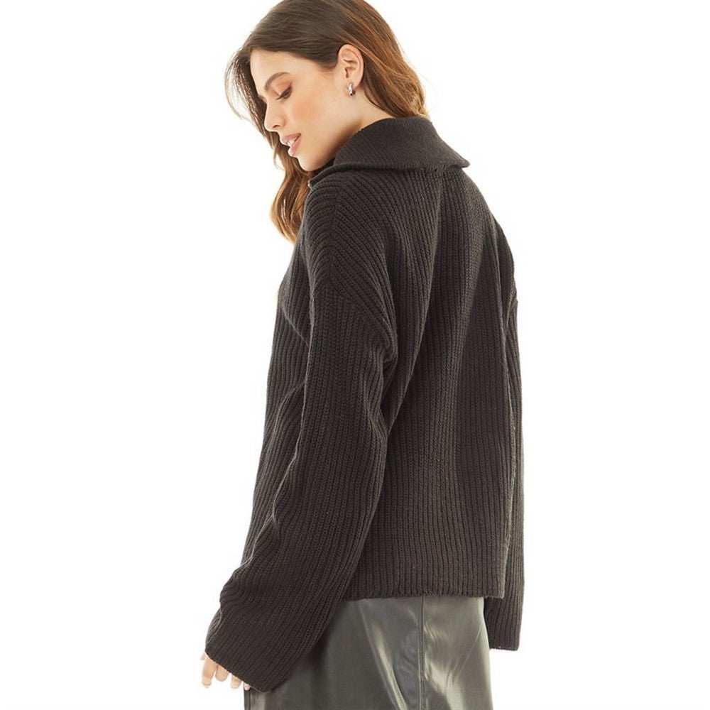 Black - Back - Brave Soul Womens-Ladies Fisherman Knitted Zip Detail Jacket