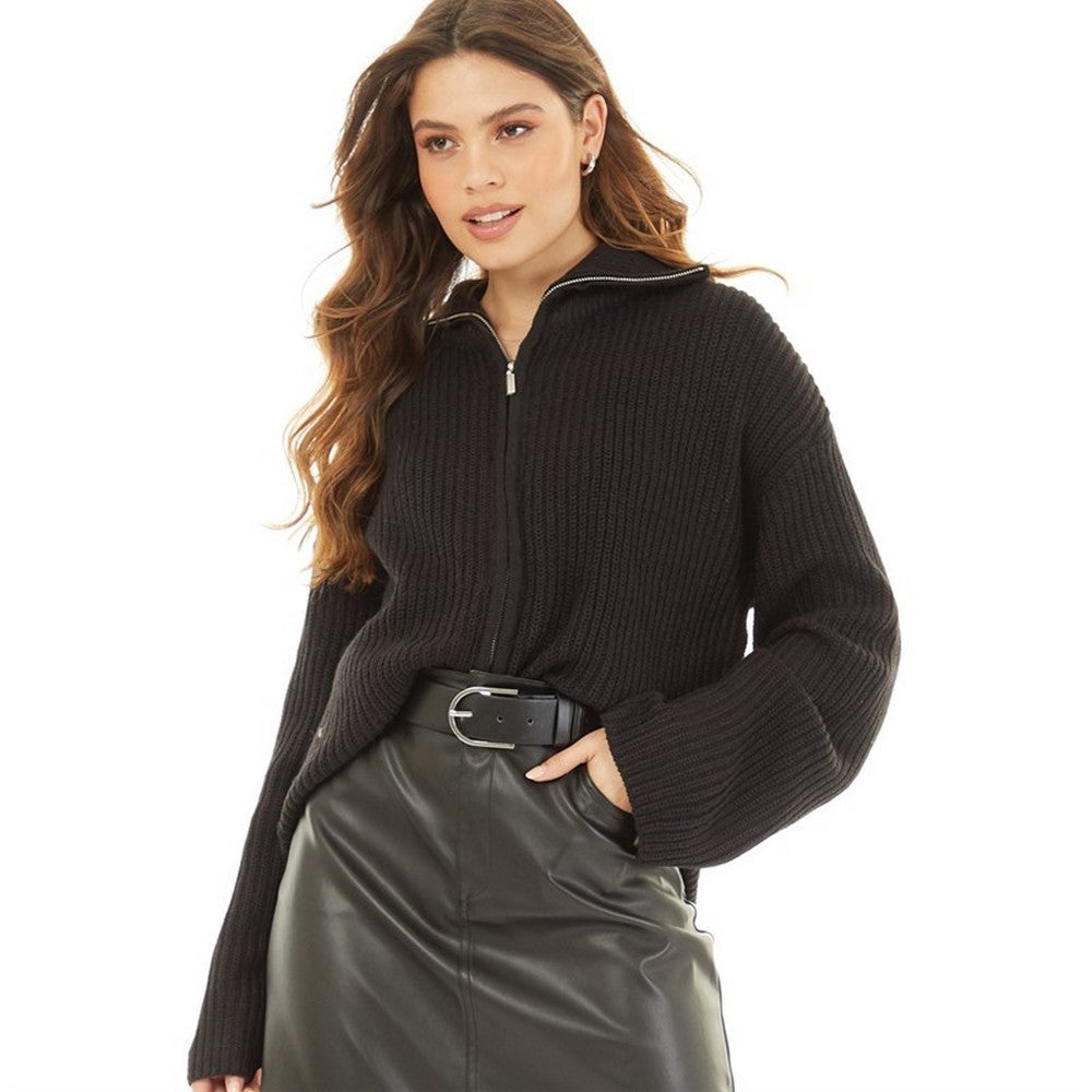 Black - Side - Brave Soul Womens-Ladies Fisherman Knitted Zip Detail Jacket
