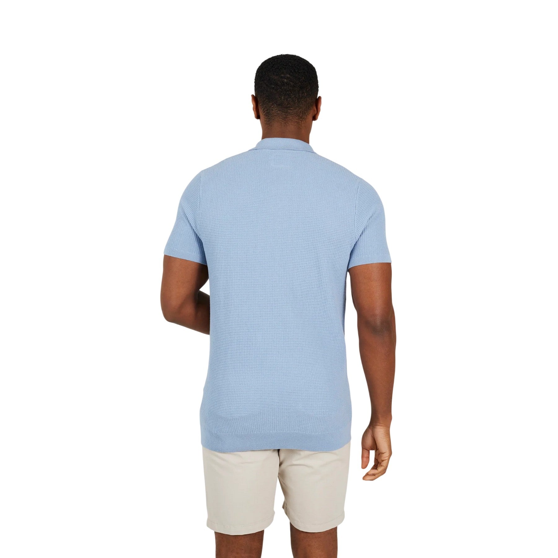 Baby Blue - Back - Brave Soul Mens Knitted 3 Button Placket Polo Shirt