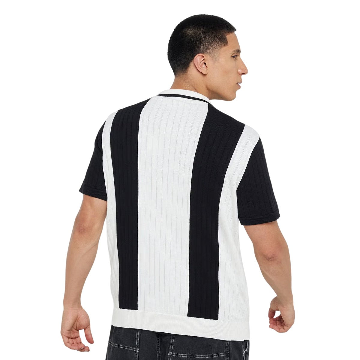Cream-Jet Black - Back - Brave Soul Mens Striped Quarter Zip Polo Shirt