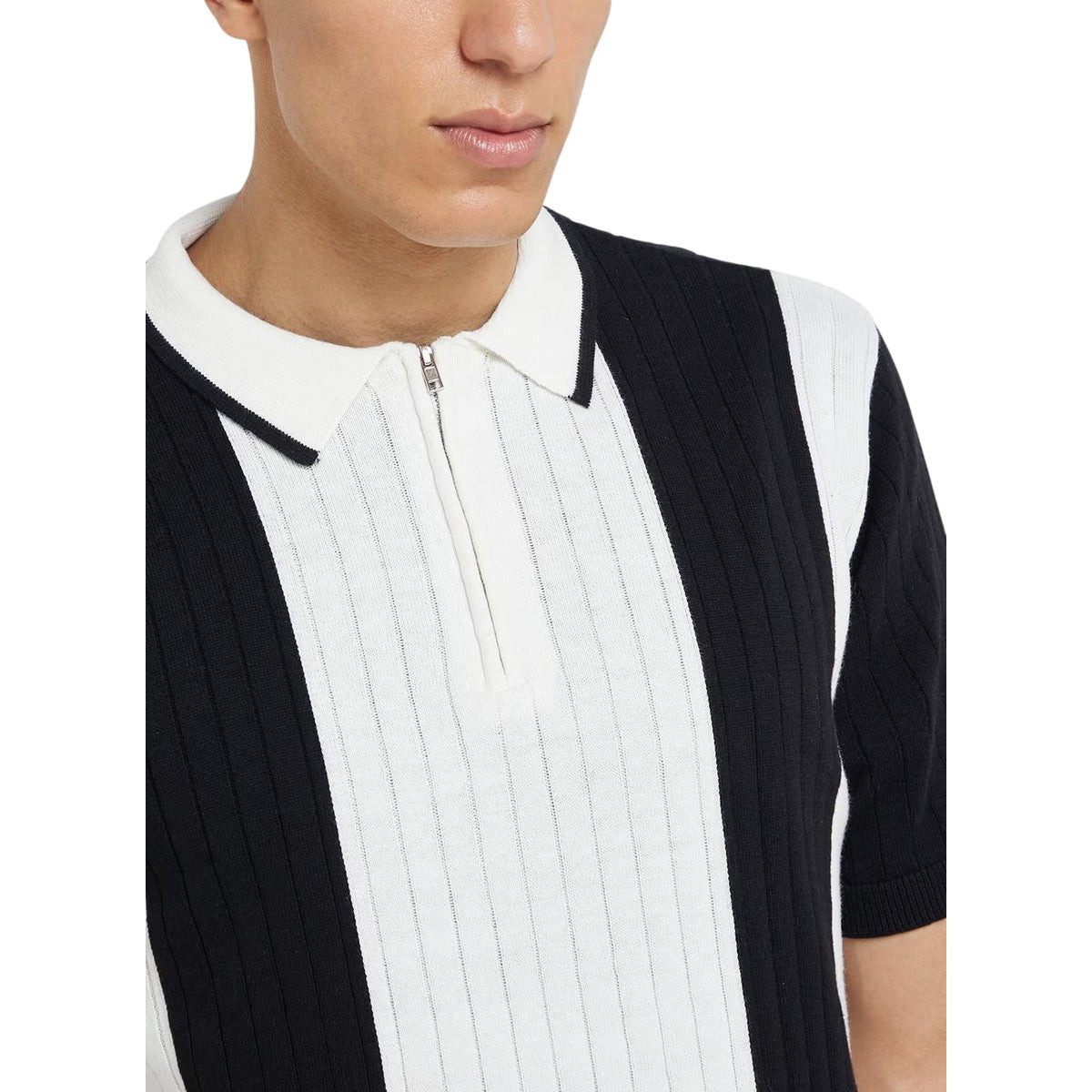 Cream-Jet Black - Side - Brave Soul Mens Striped Quarter Zip Polo Shirt