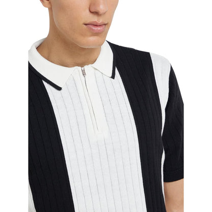 Cream-Jet Black - Side - Brave Soul Mens Striped Quarter Zip Polo Shirt