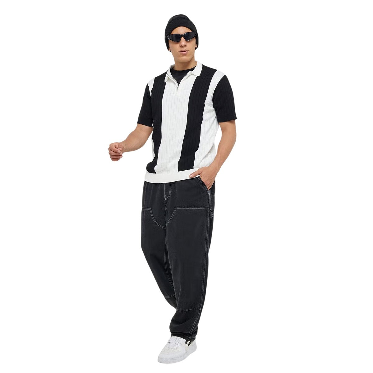 Cream-Jet Black - Lifestyle - Brave Soul Mens Striped Quarter Zip Polo Shirt