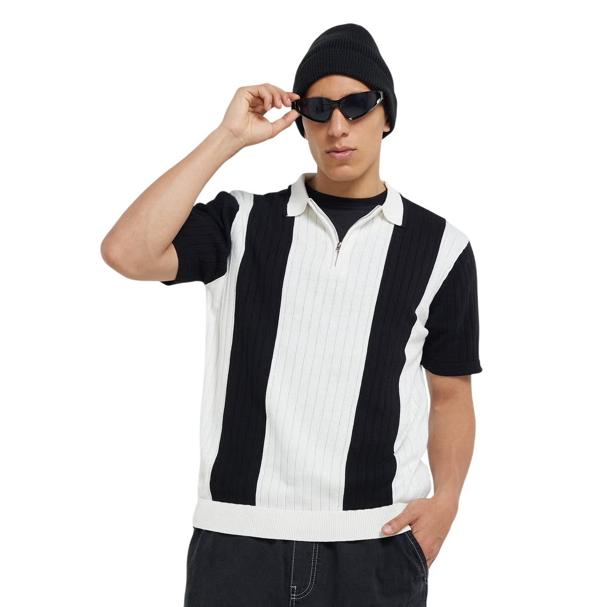 Cream-Jet Black - Front - Brave Soul Mens Striped Quarter Zip Polo Shirt