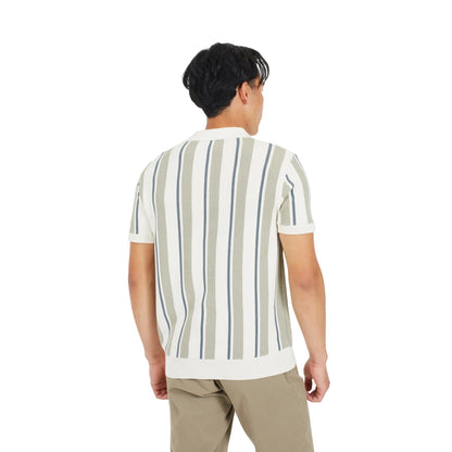 Cream-Light Grey-Mid Green - Back - Brave Soul Mens Striped Knitted Polo Shirt