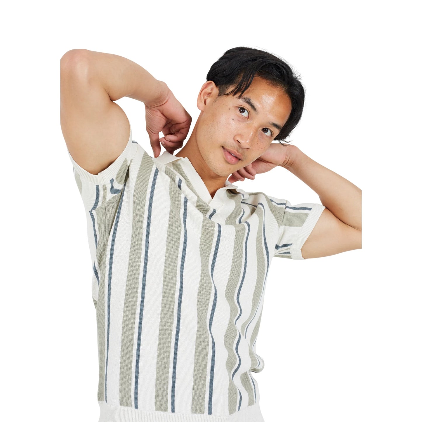 Cream-Light Grey-Mid Green - Side - Brave Soul Mens Striped Knitted Polo Shirt