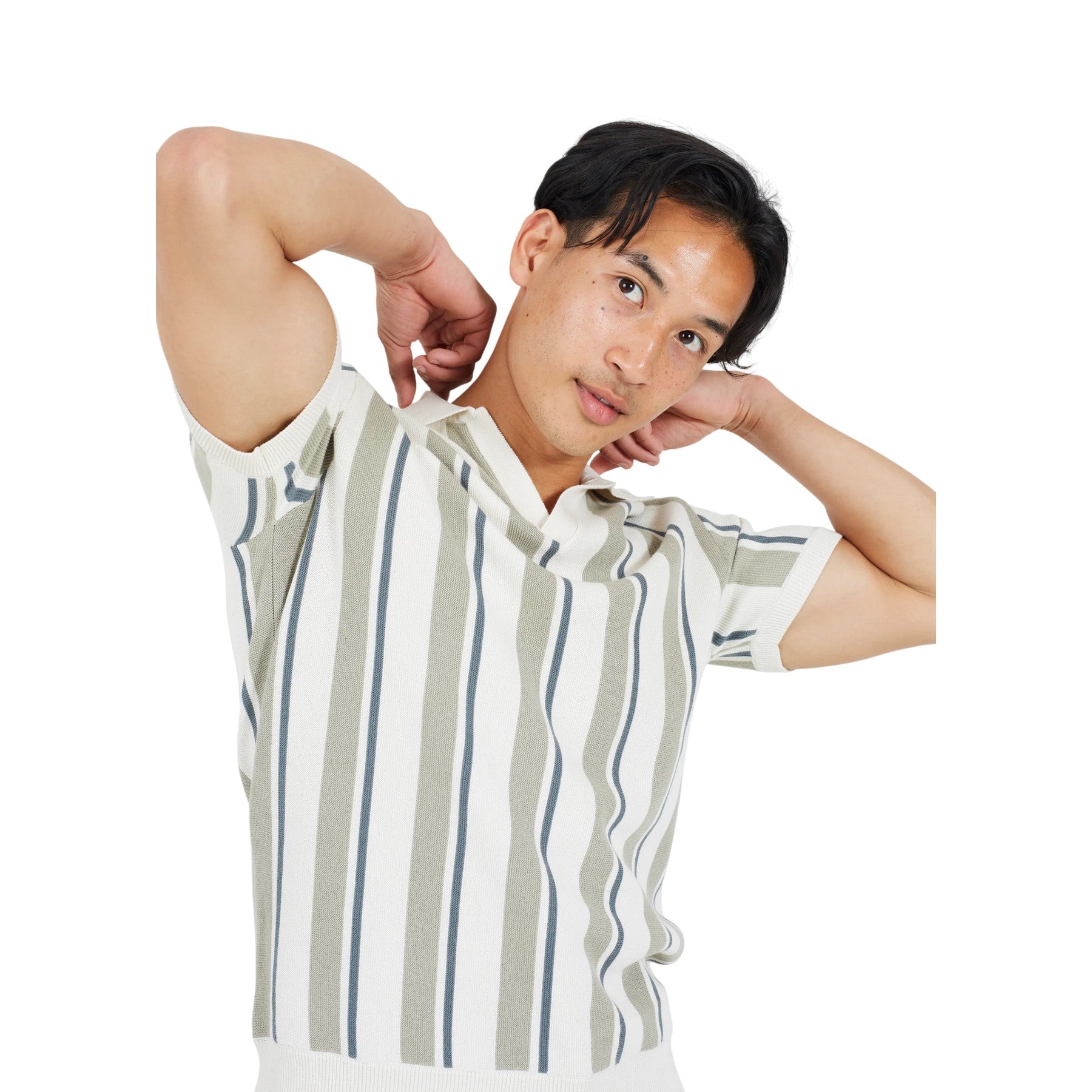 Cream-Light Grey-Mid Green - Side - Brave Soul Mens Striped Knitted Polo Shirt