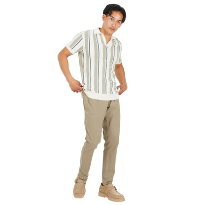 Cream-Light Grey-Mid Green - Lifestyle - Brave Soul Mens Striped Knitted Polo Shirt
