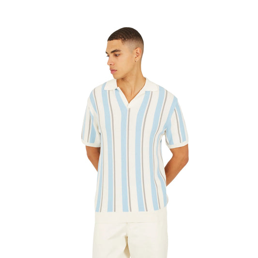 Cream-Light Green-Mid Green - Front - Brave Soul Mens Striped Knitted Polo Shirt