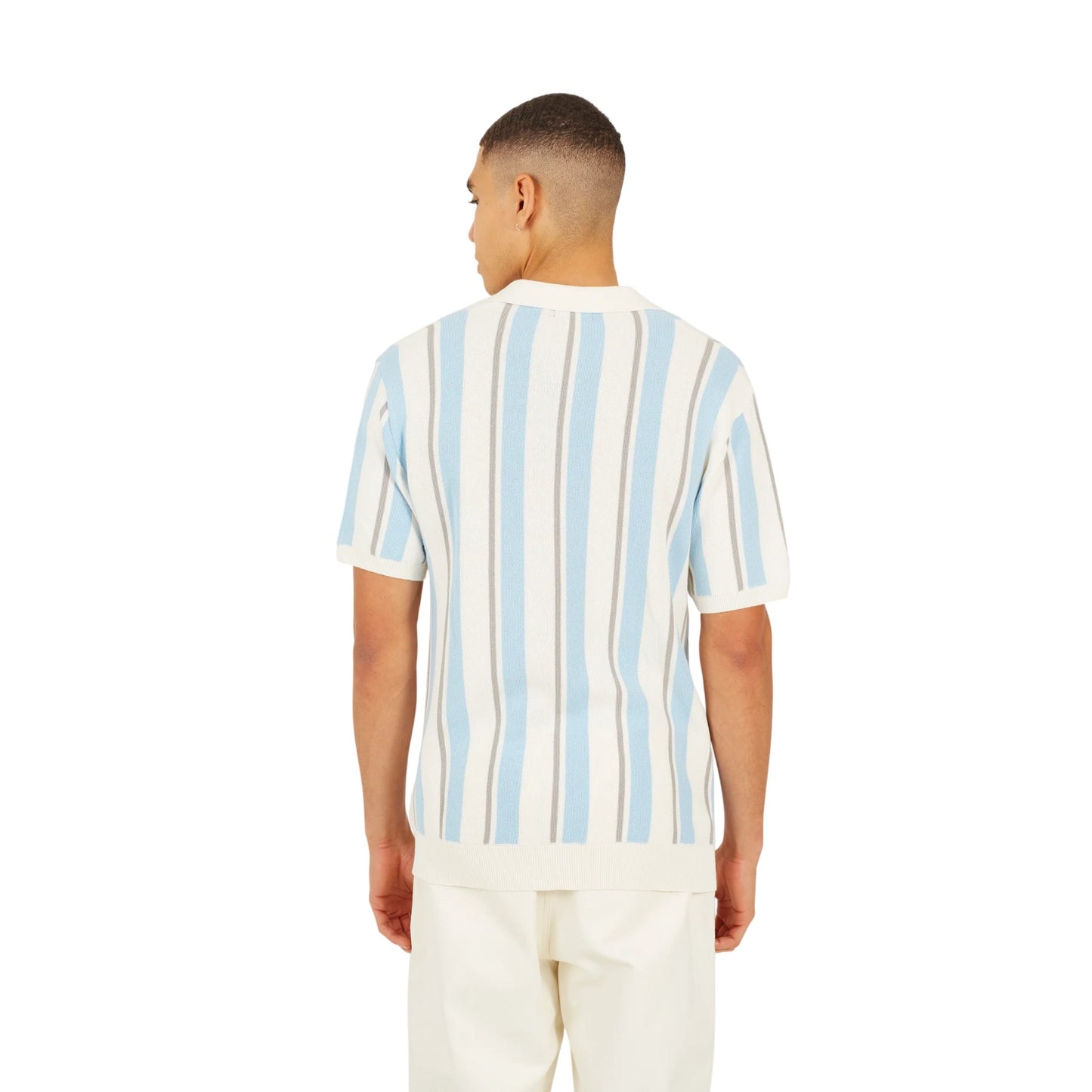 Cream-Light Green-Mid Green - Back - Brave Soul Mens Striped Knitted Polo Shirt
