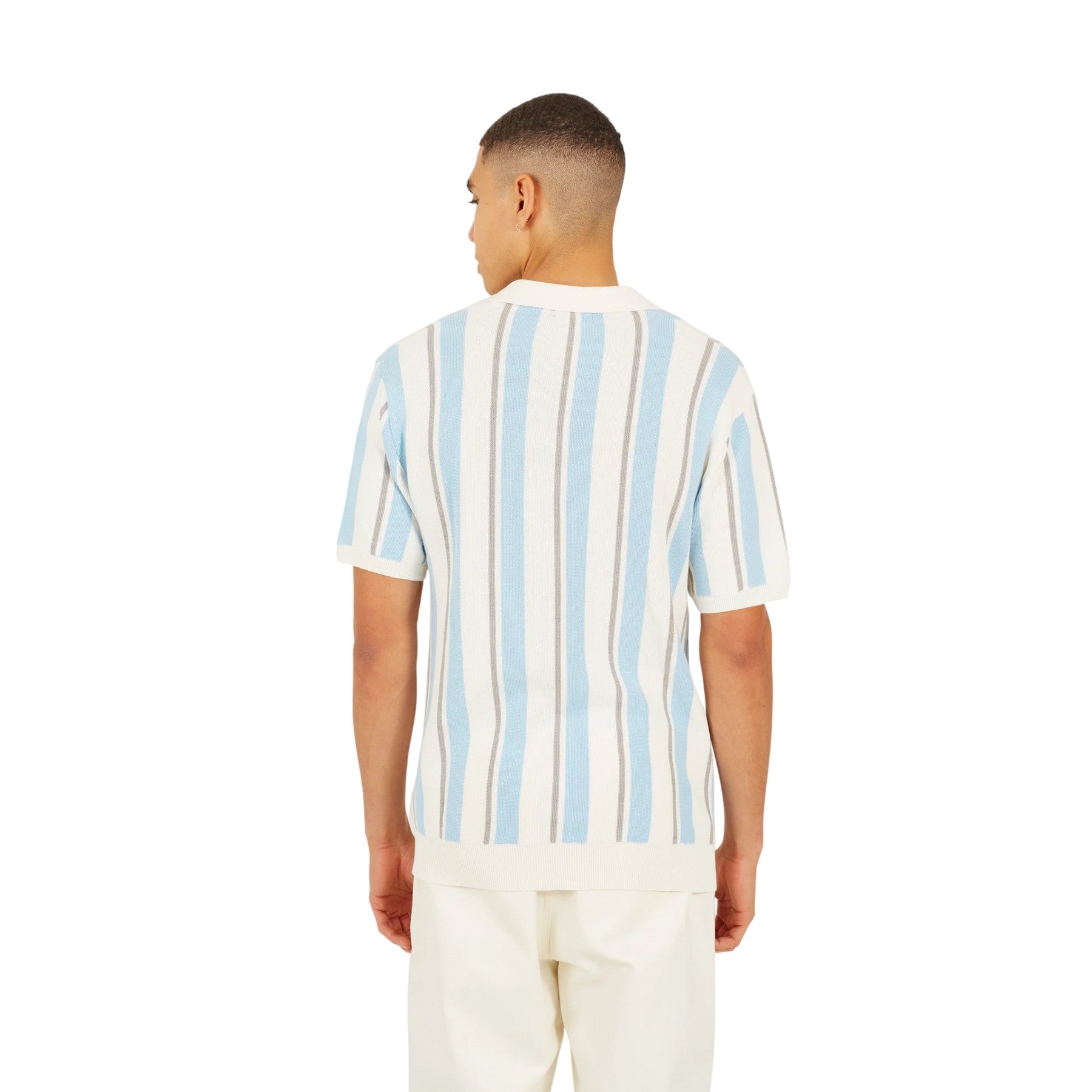 Cream-Light Green-Mid Green - Back - Brave Soul Mens Striped Knitted Polo Shirt