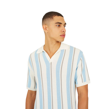 Cream-Light Green-Mid Green - Side - Brave Soul Mens Striped Knitted Polo Shirt
