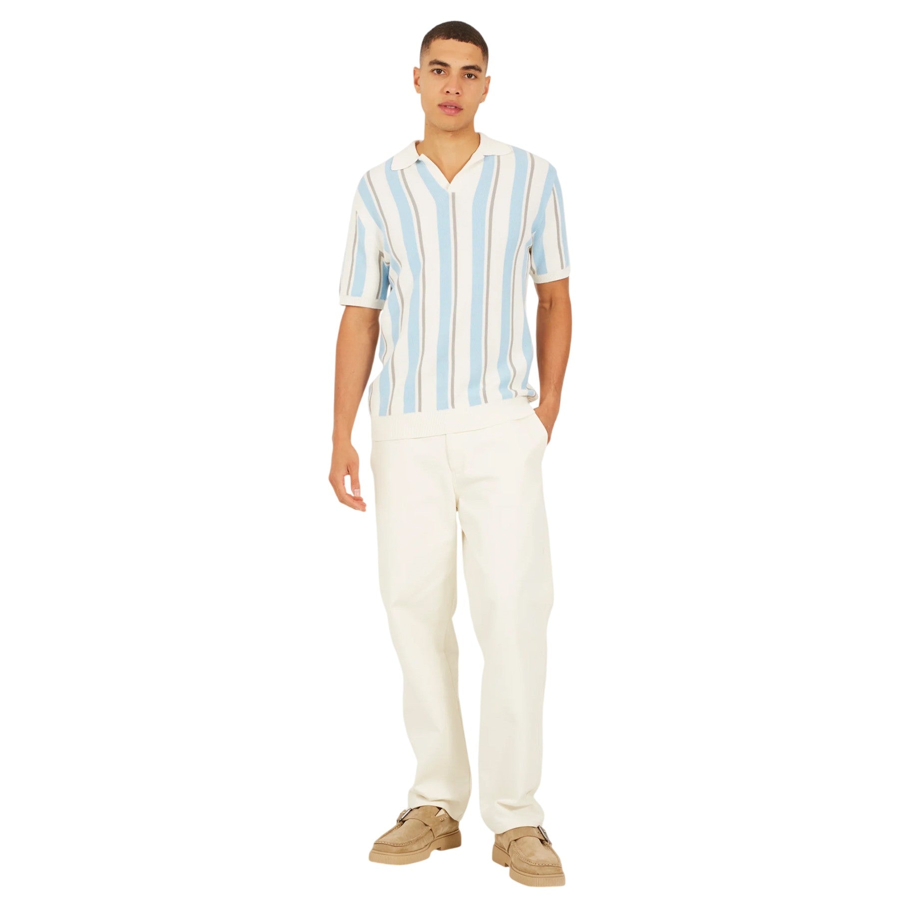 Cream-Light Green-Mid Green - Lifestyle - Brave Soul Mens Striped Knitted Polo Shirt