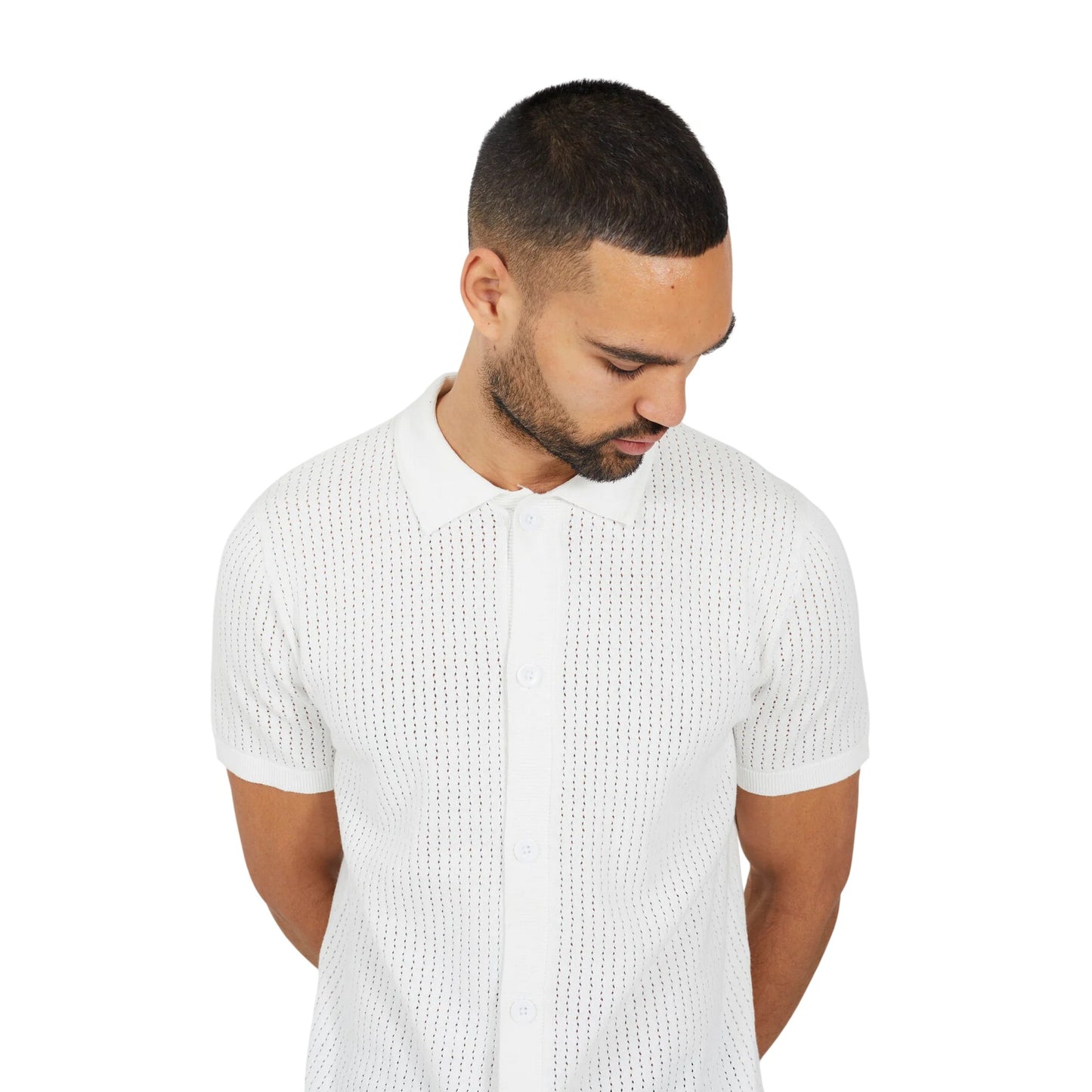 Ecru - Back - Brave Soul Mens Knitted Button-Down Short-Sleeved Polo Shirt