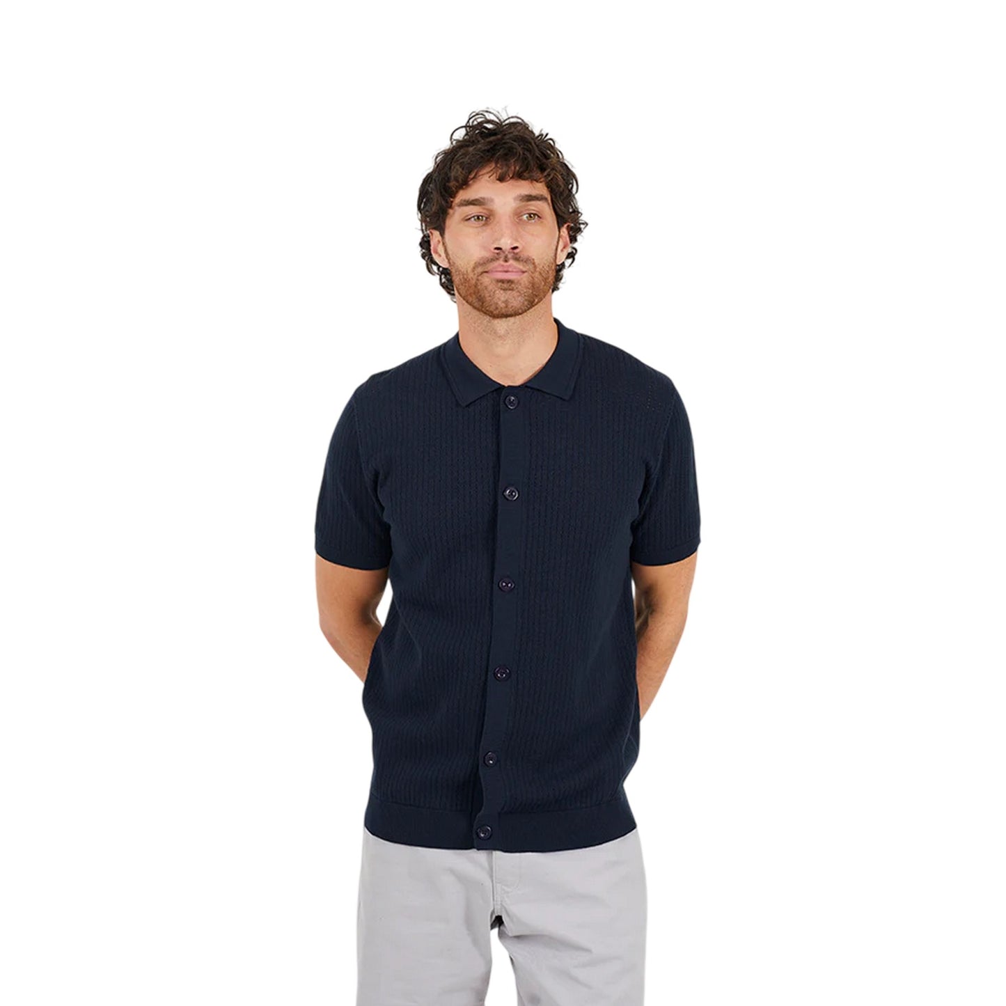 Midnight Navy - Front - Brave Soul Mens Knitted Button-Down Short-Sleeved Polo Shirt