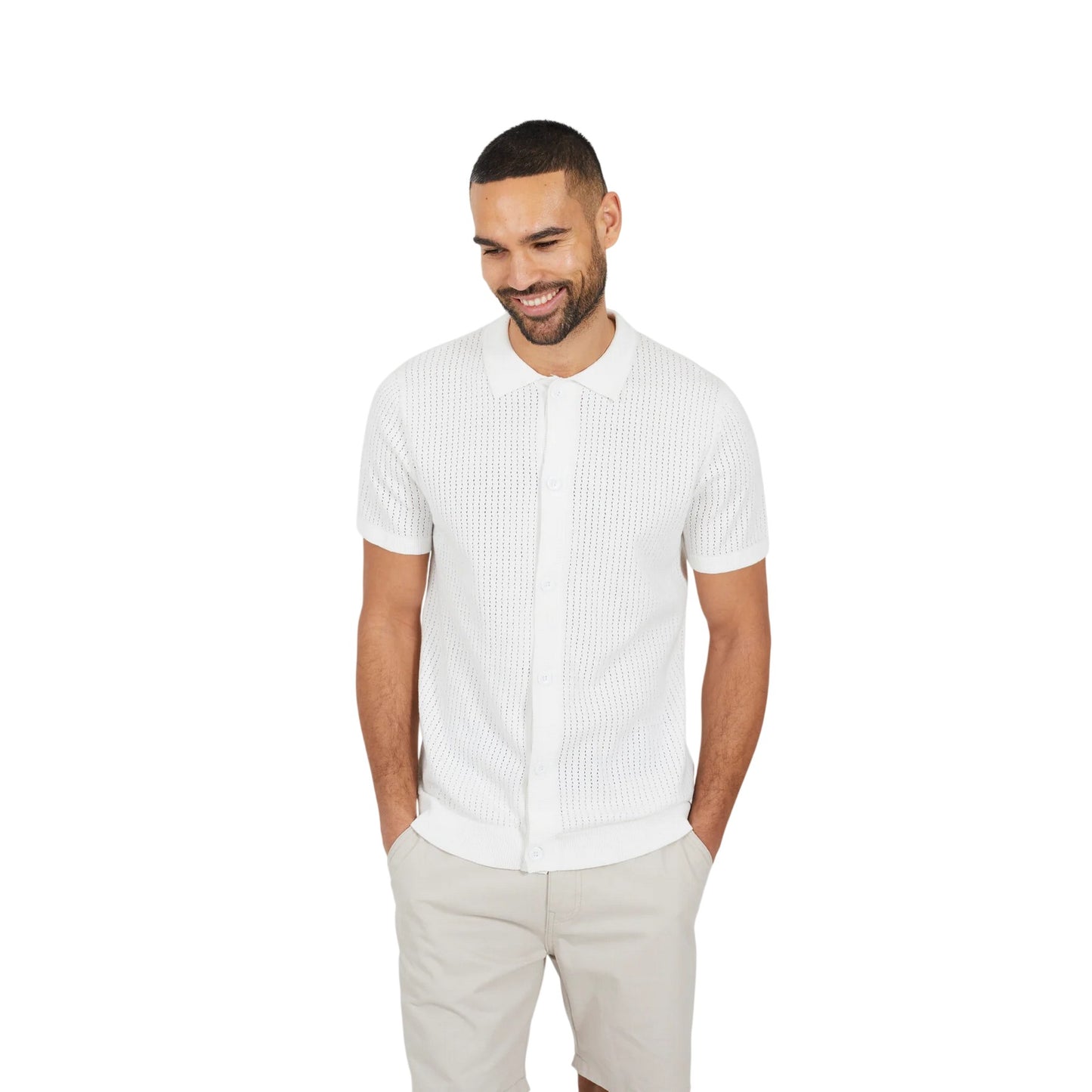 Ecru - Front - Brave Soul Mens Knitted Button-Down Short-Sleeved Polo Shirt