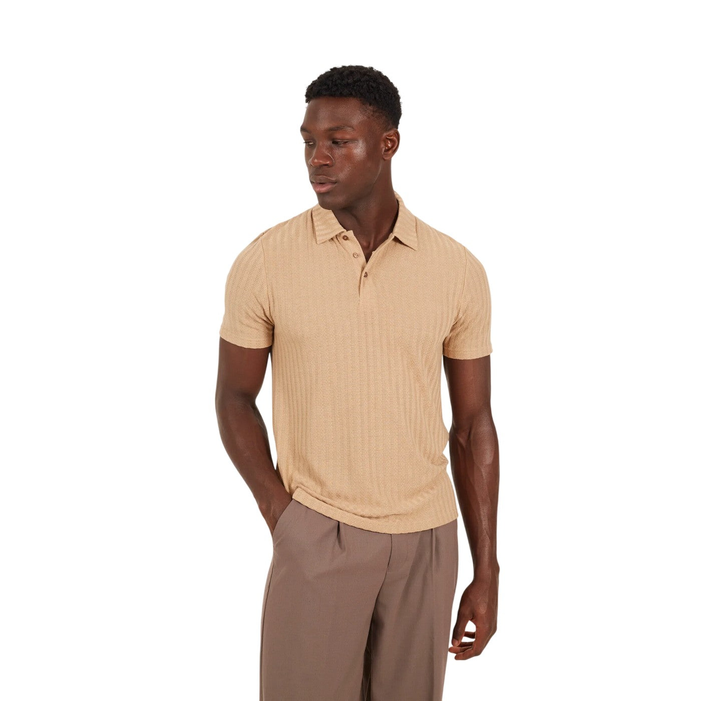 Taupe - Front - Brave Soul Mens Textured Short-Sleeved Polo Shirt
