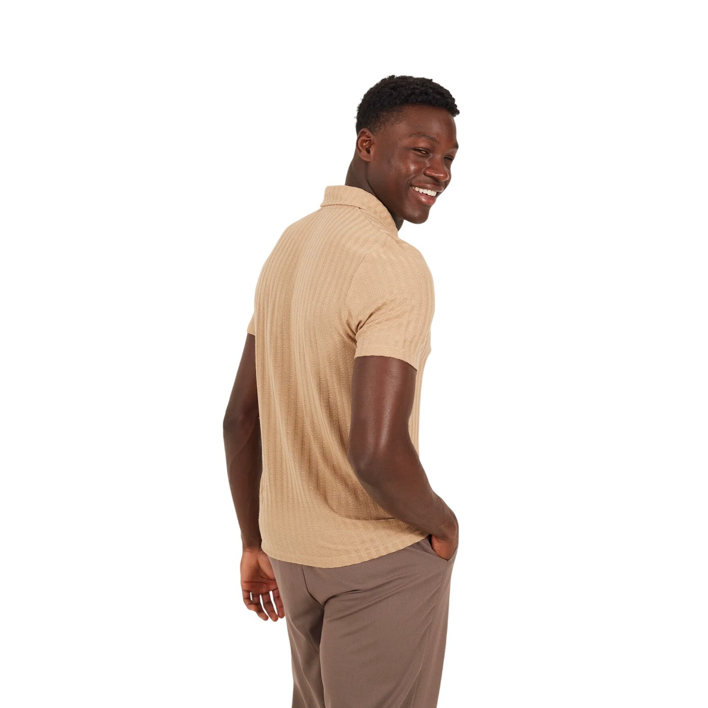 Taupe - Back - Brave Soul Mens Textured Short-Sleeved Polo Shirt