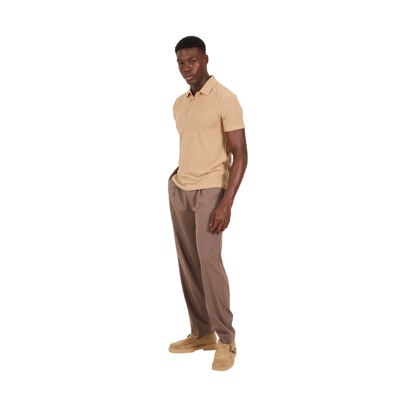 Taupe - Lifestyle - Brave Soul Mens Textured Short-Sleeved Polo Shirt