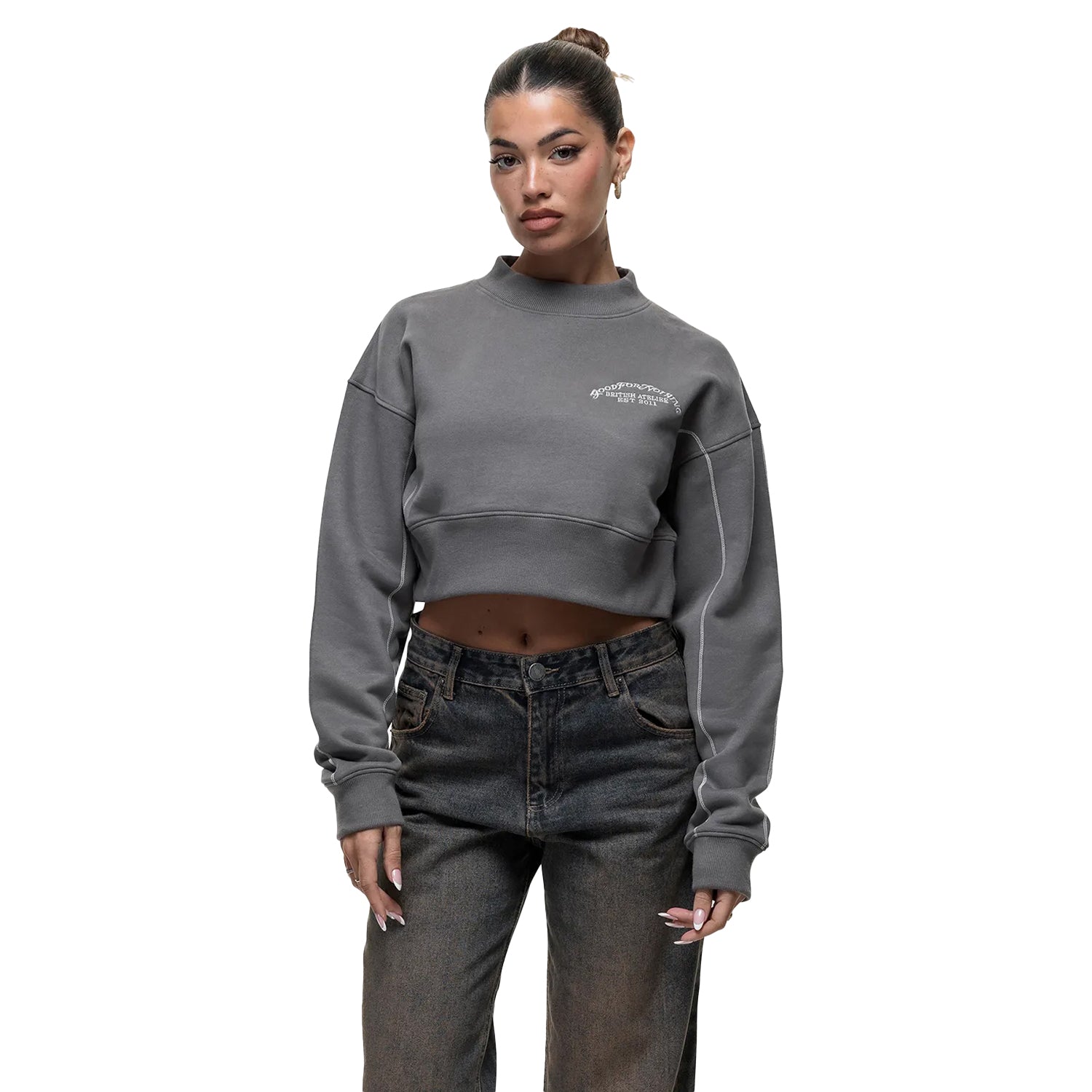 Gunmetal - Front - Brave Soul Womens-Ladies Atelier Cropped Sweatshirt