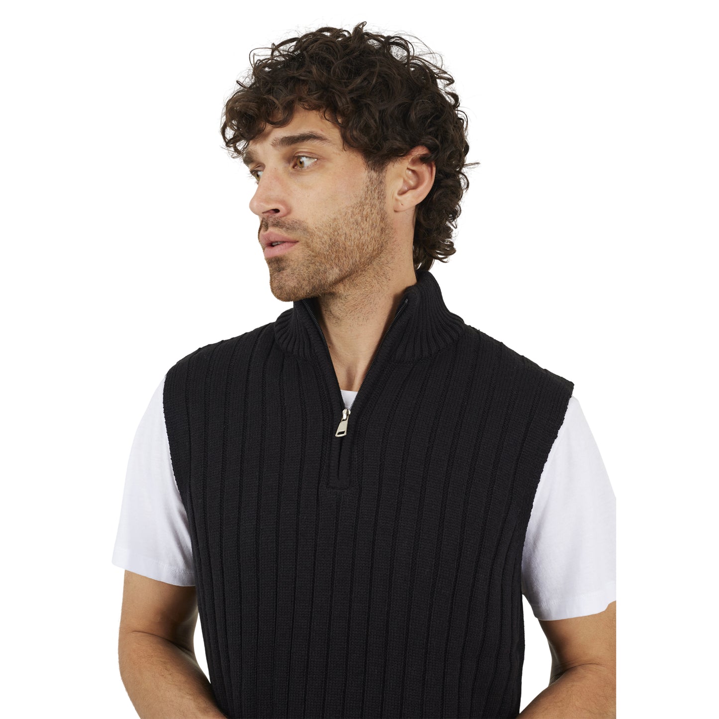 Jet Black - Side - Brave Soul Mens Funnel Neck Sleeveless Jumper