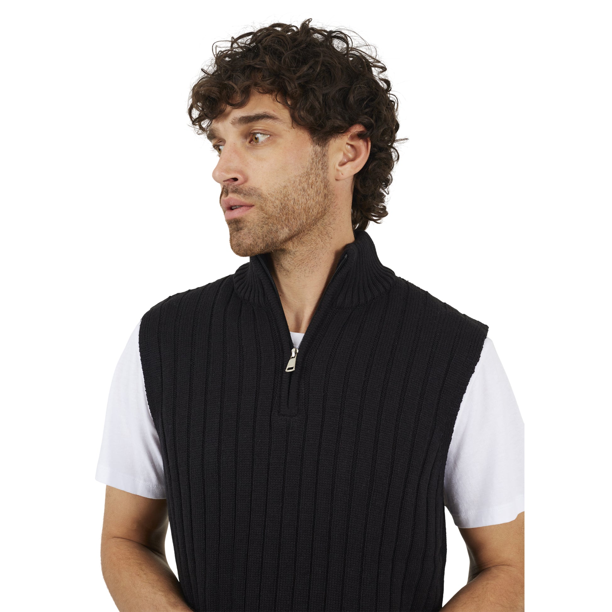 Jet Black - Side - Brave Soul Mens Funnel Neck Sleeveless Jumper