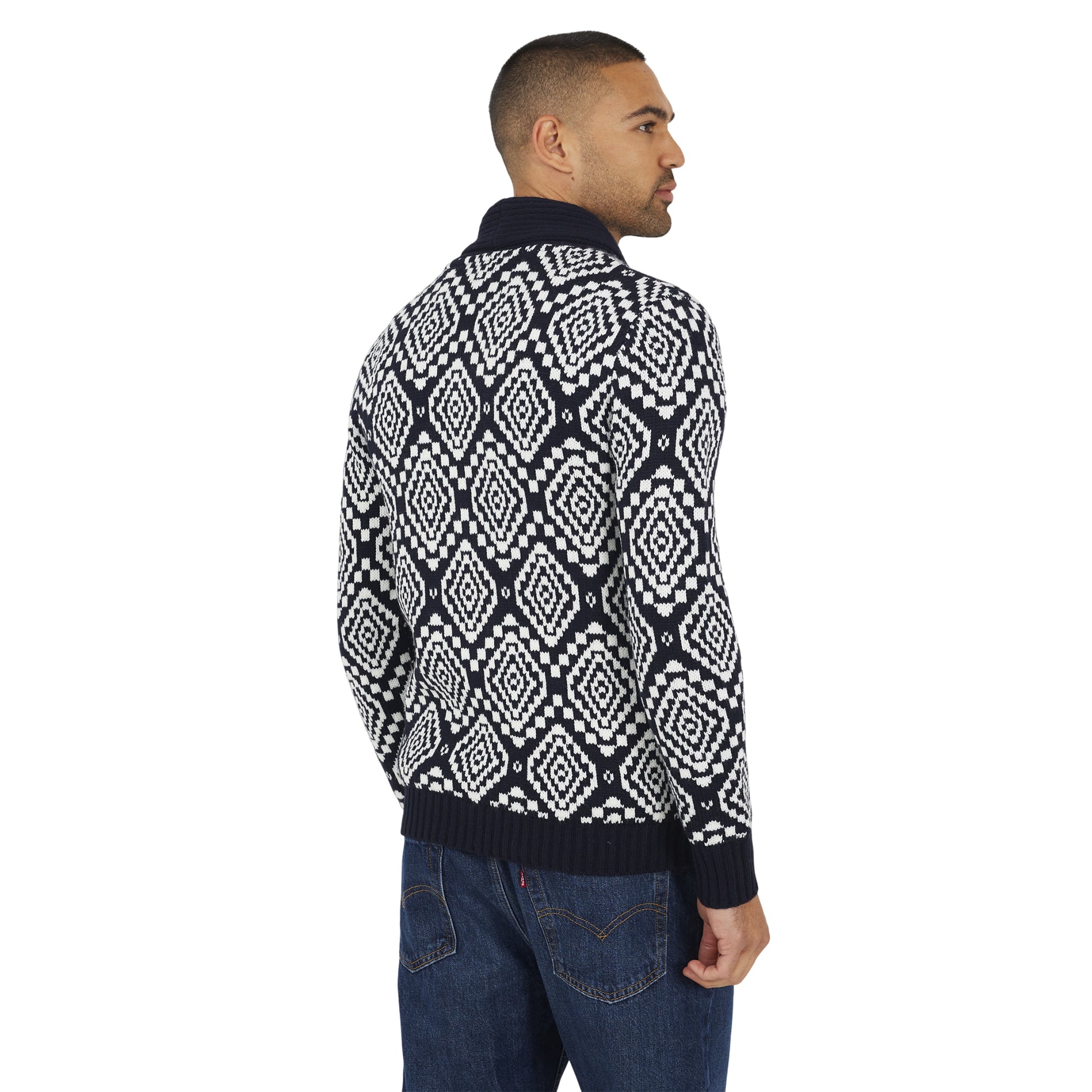 Midnight Navy-Oatmeal - Back - Brave Soul Mens Shawl Collar Cardigan