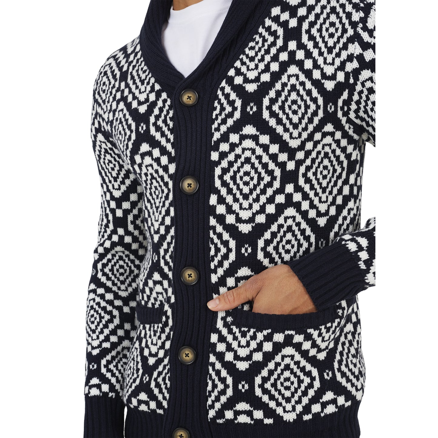 Midnight Navy-Oatmeal - Side - Brave Soul Mens Shawl Collar Cardigan