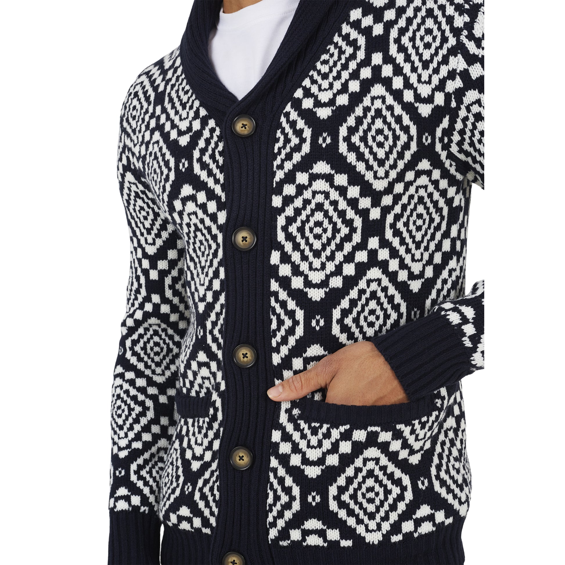 Midnight Navy-Oatmeal - Side - Brave Soul Mens Shawl Collar Cardigan