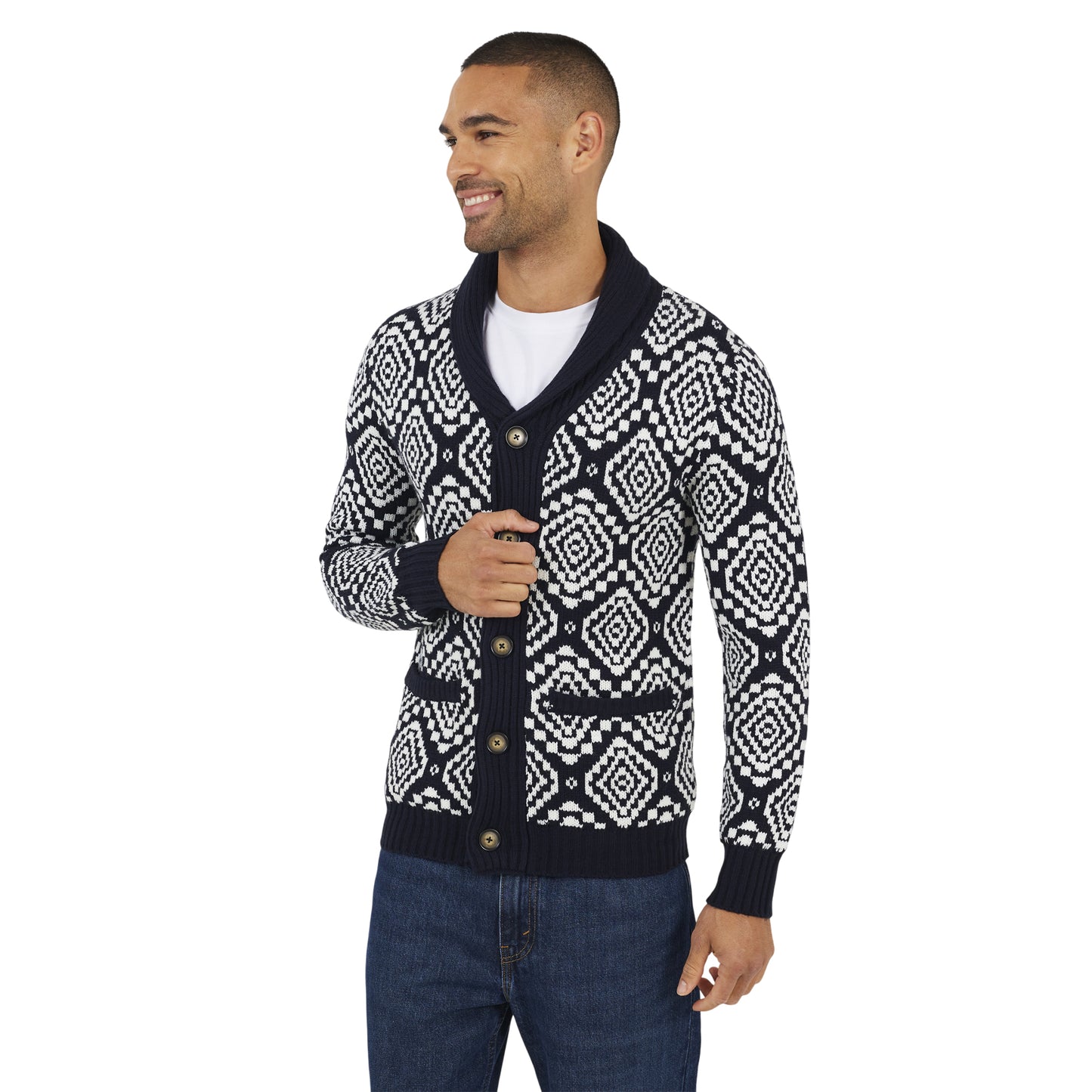 Midnight Navy-Oatmeal - Front - Brave Soul Mens Shawl Collar Cardigan