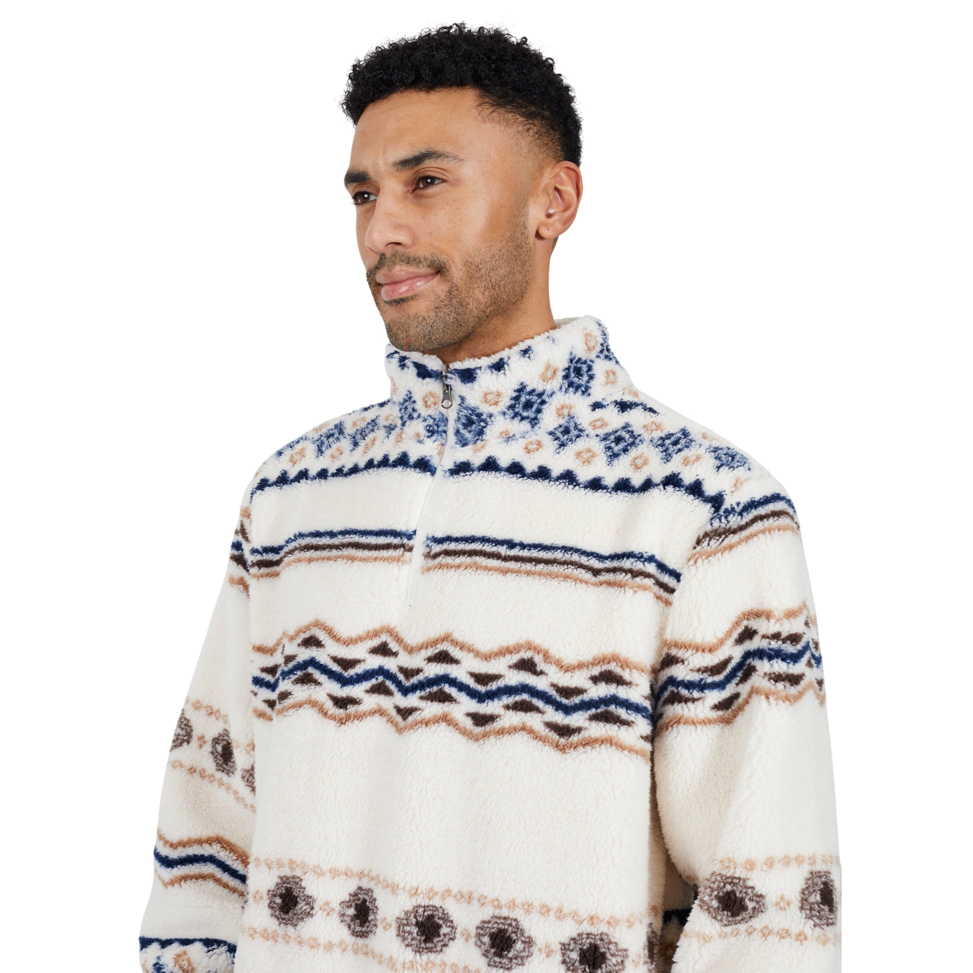 Cream-Multicoloured - Side - Brave Soul Mens Borg Quarter Zip Sweatshirt