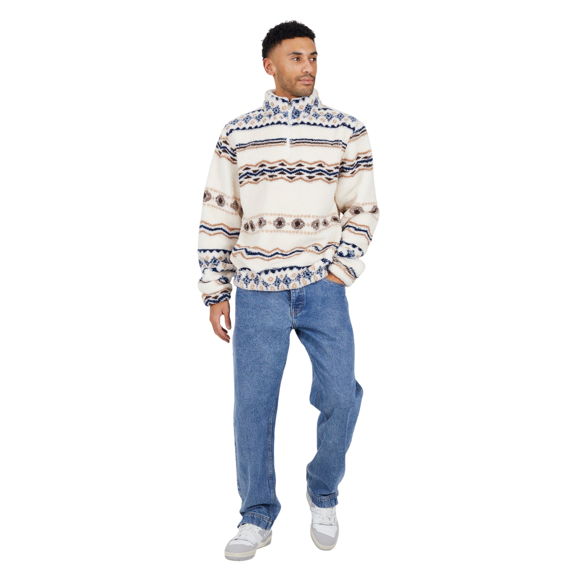 Cream-Multicoloured - Lifestyle - Brave Soul Mens Borg Quarter Zip Sweatshirt