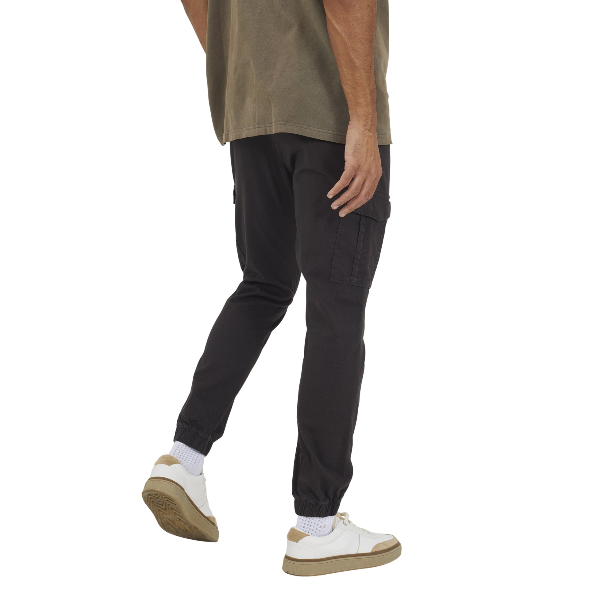 Dark Grey - Back - Brave Soul Mens Cotton Twill Cuffed Slim Cargo Trousers