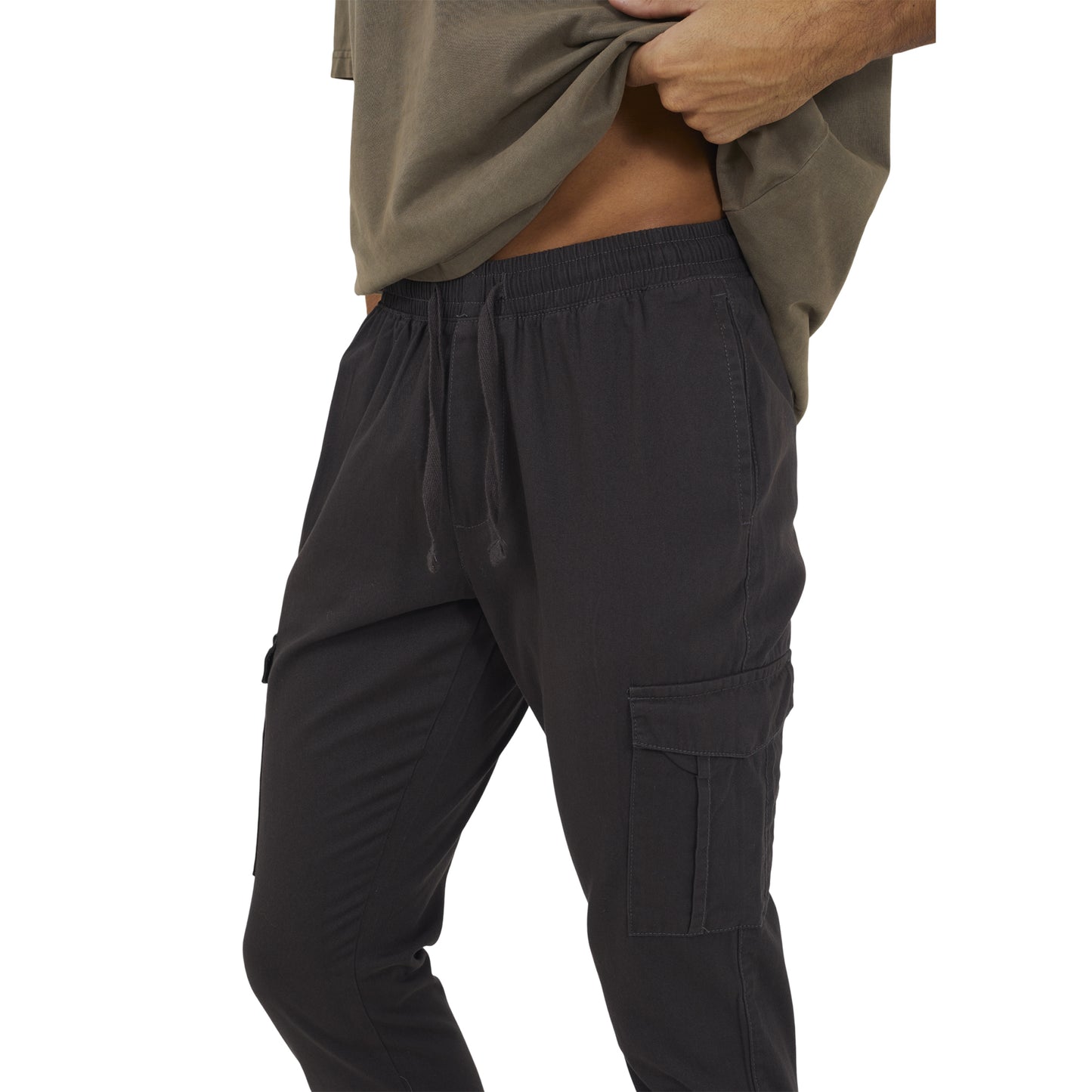 Dark Grey - Side - Brave Soul Mens Cotton Twill Cuffed Slim Cargo Trousers