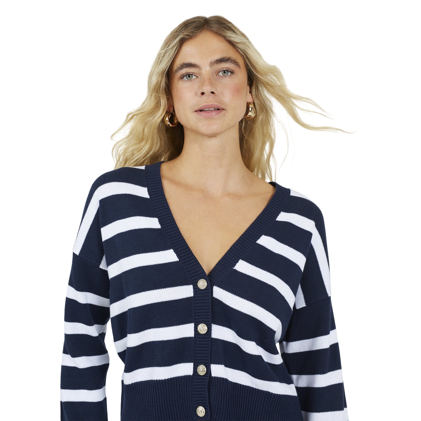 Navy-White - Side - Brave Soul Womens-Ladies Striped V Neck Cardigan