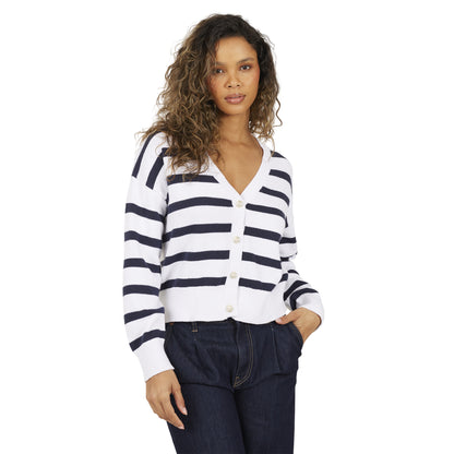 White-Navy - Front - Brave Soul Womens-Ladies Striped V Neck Cardigan