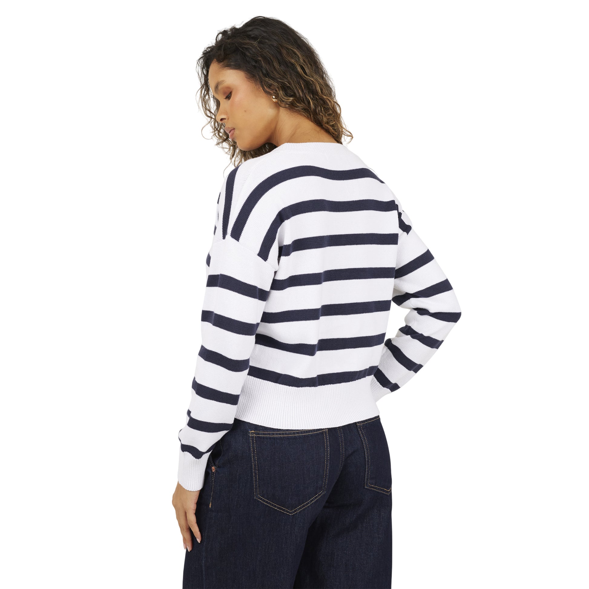 White-Navy - Back - Brave Soul Womens-Ladies Striped V Neck Cardigan