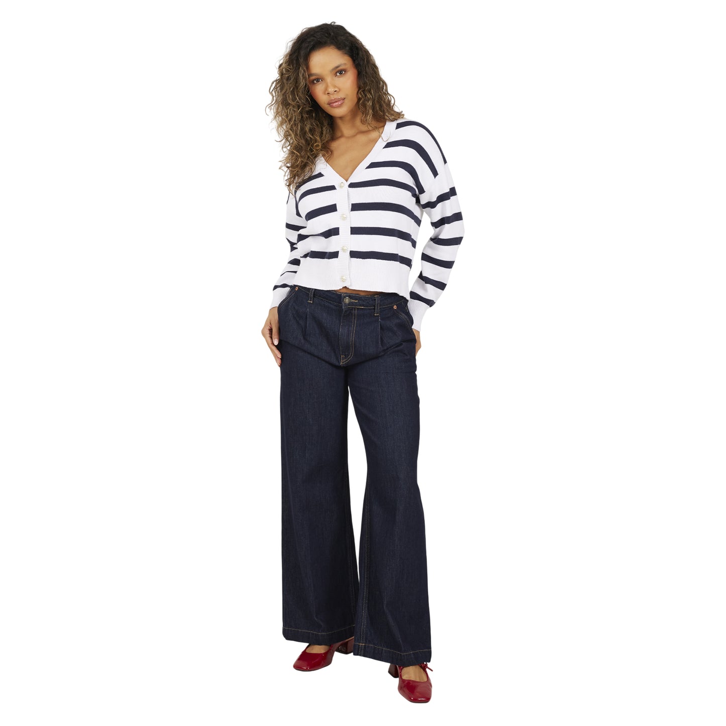 White-Navy - Lifestyle - Brave Soul Womens-Ladies Striped V Neck Cardigan