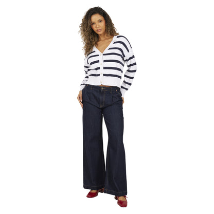 White-Navy - Lifestyle - Brave Soul Womens-Ladies Striped V Neck Cardigan