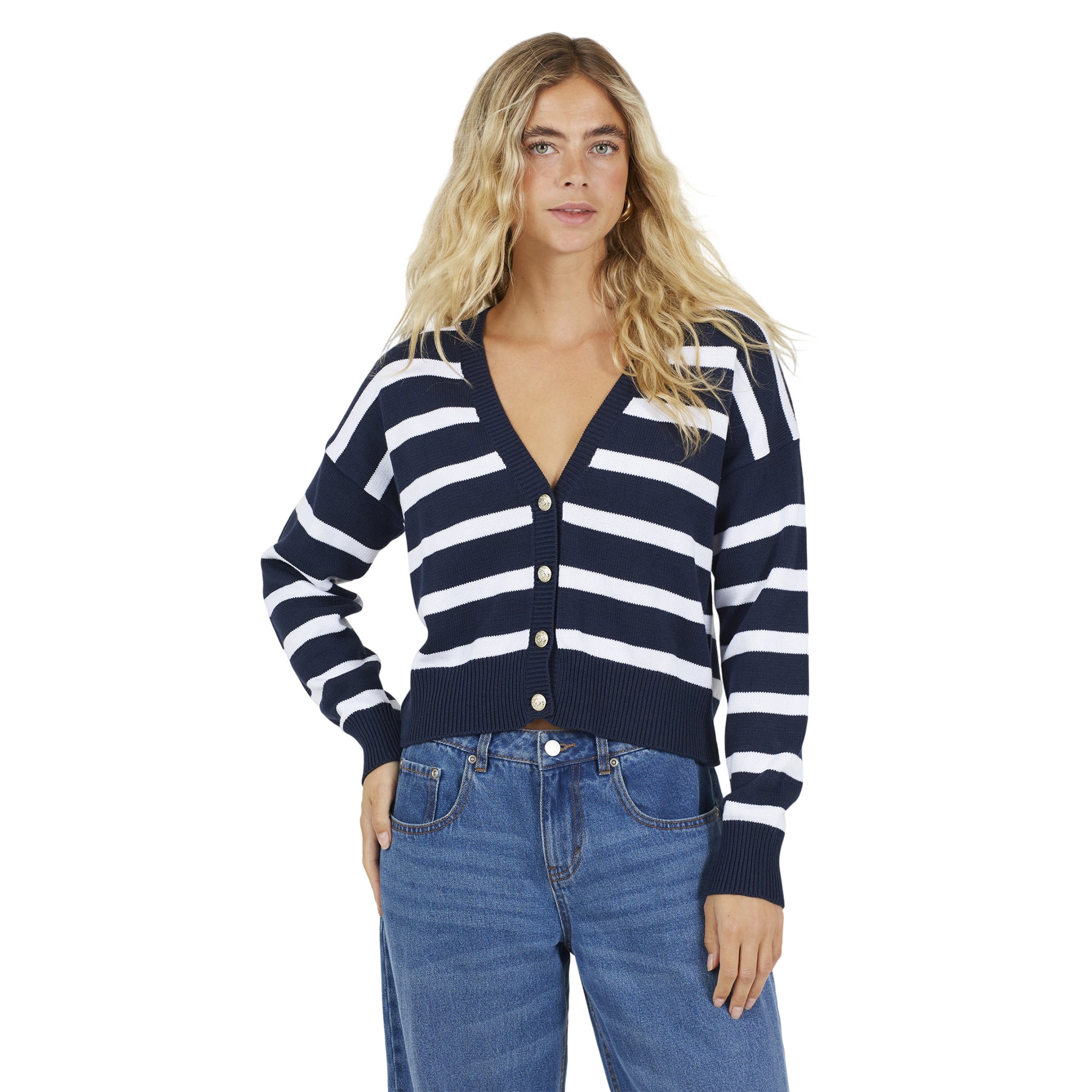 Navy-White - Front - Brave Soul Womens-Ladies Striped V Neck Cardigan
