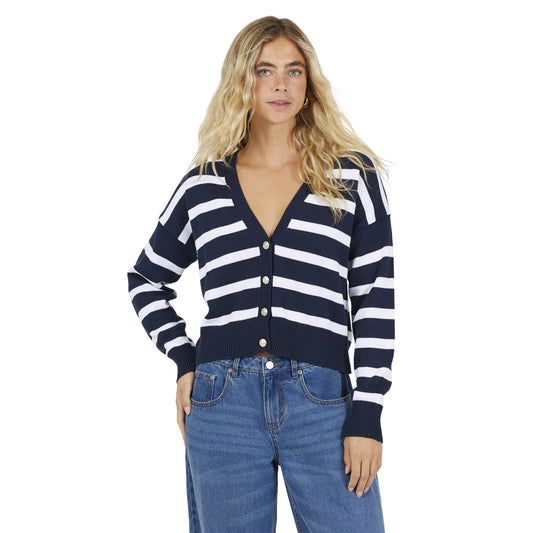 Navy-White - Front - Brave Soul Womens-Ladies Striped V Neck Cardigan