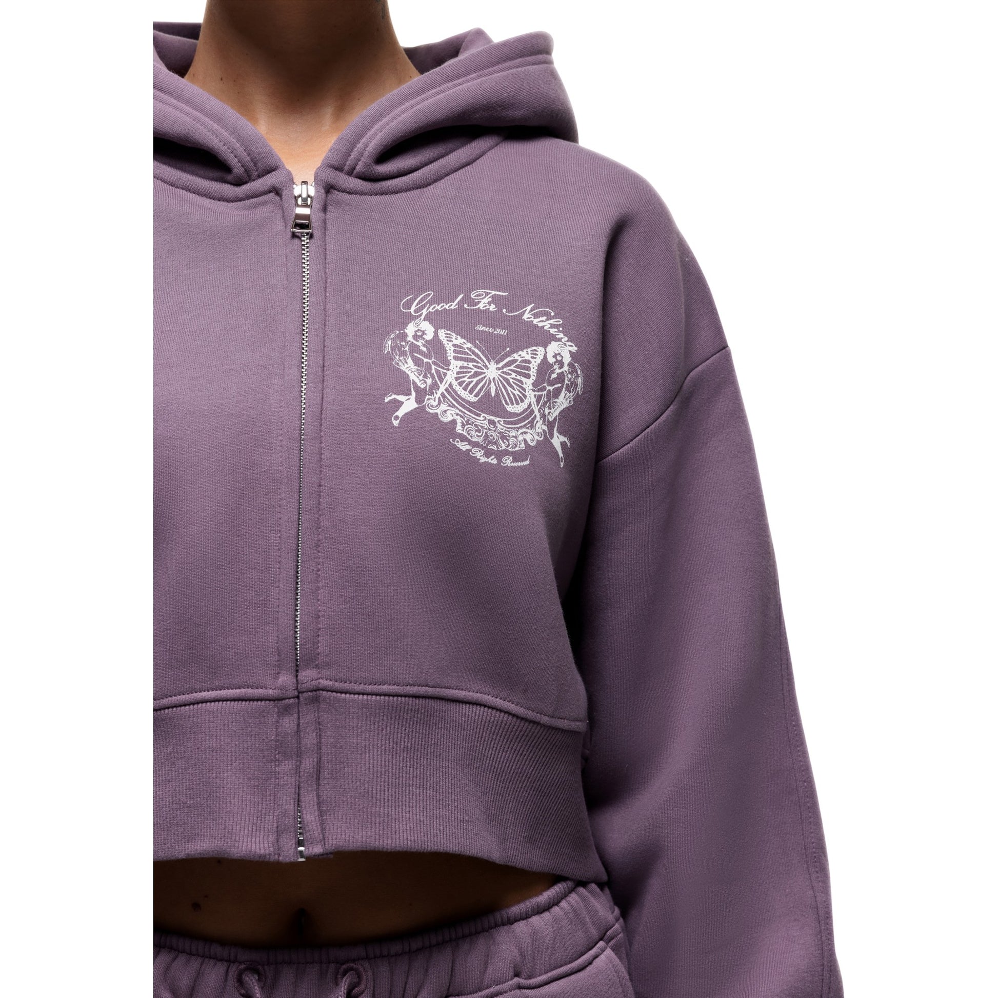 Purple - Side - Good For Nothing Womens-Ladies Angel Full Zip Crop Hoodie
